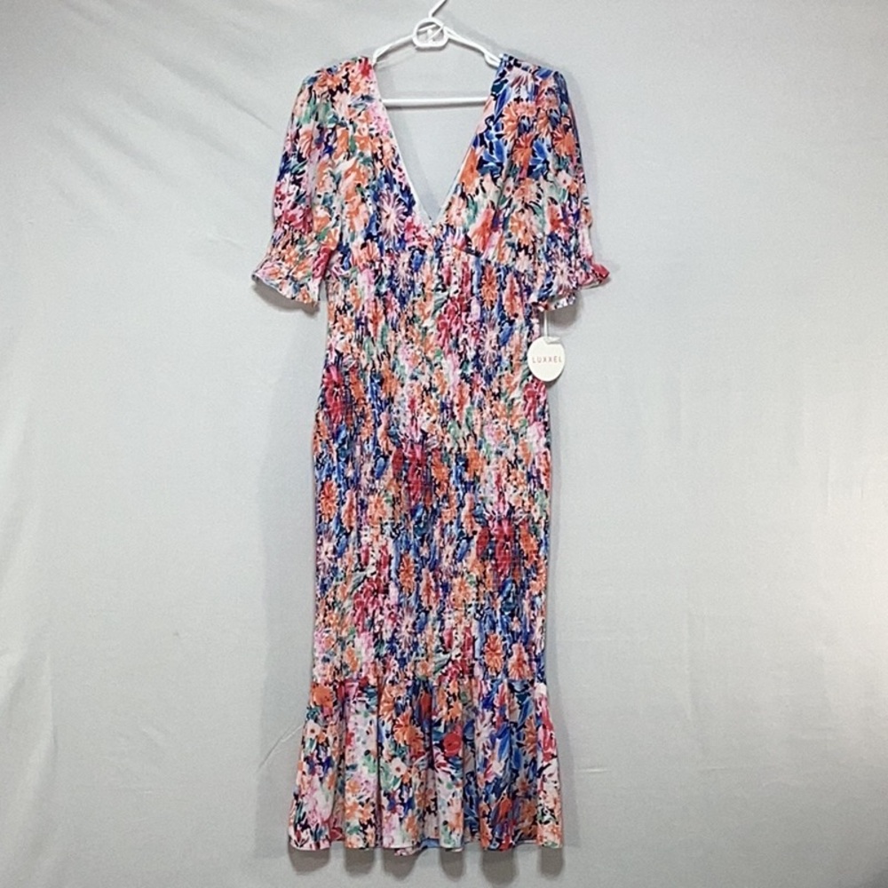 NWT Large Luxxel Multicolor Floral Midi Dress smocked body ruffle - Picture 2 of 16